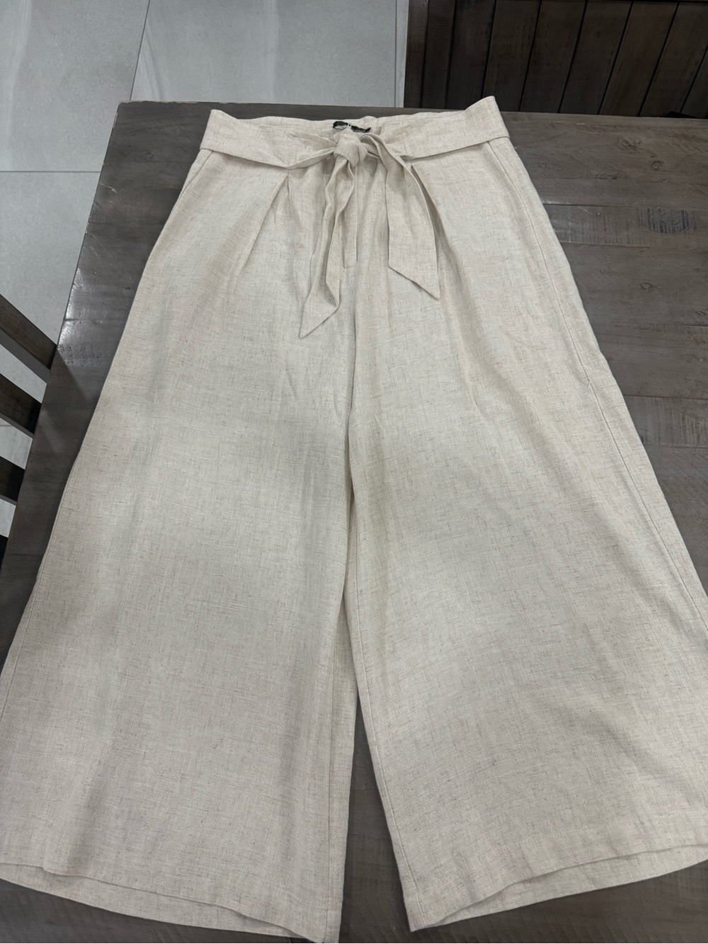 Shinestar Cream Linen-Blend Wide Leg Tie Waist Pants Size M
